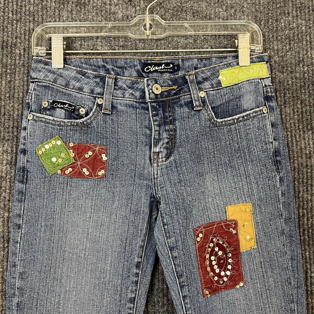 Rare Y2K Clash Patchwork Boot Cut Jeans Size 3 Festival 90's Boho Hippie Artsy - Picture 3 of 15
